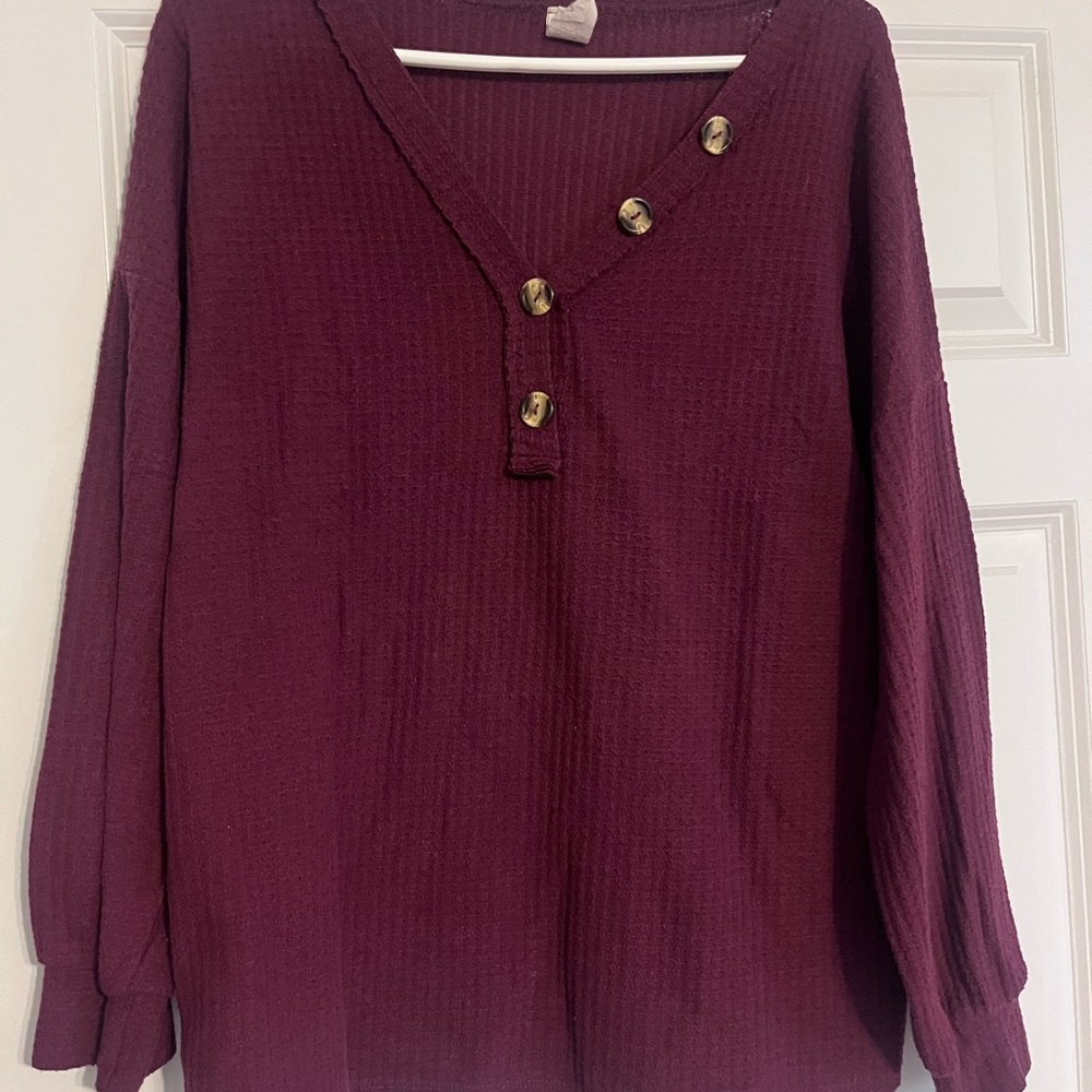 7th Ray Henley Blouse Womens L Maroon Waffle Knit Thermal Long Sleeve